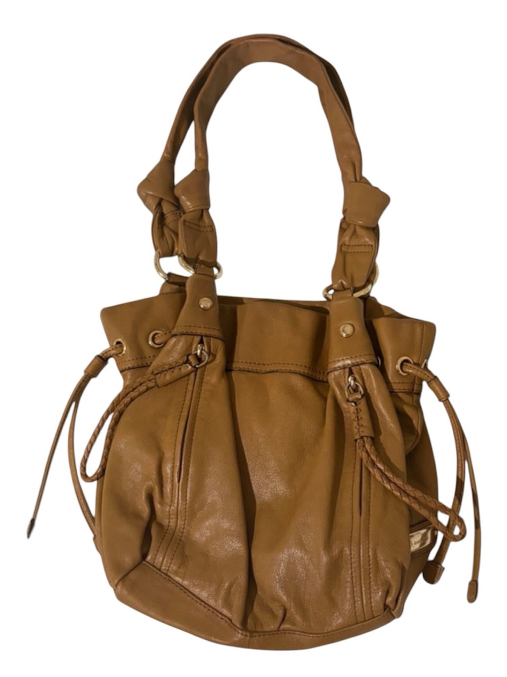 b. makowsky Glove Leather Cognac Braided-Handle Shoulder Bag Pristine Condition